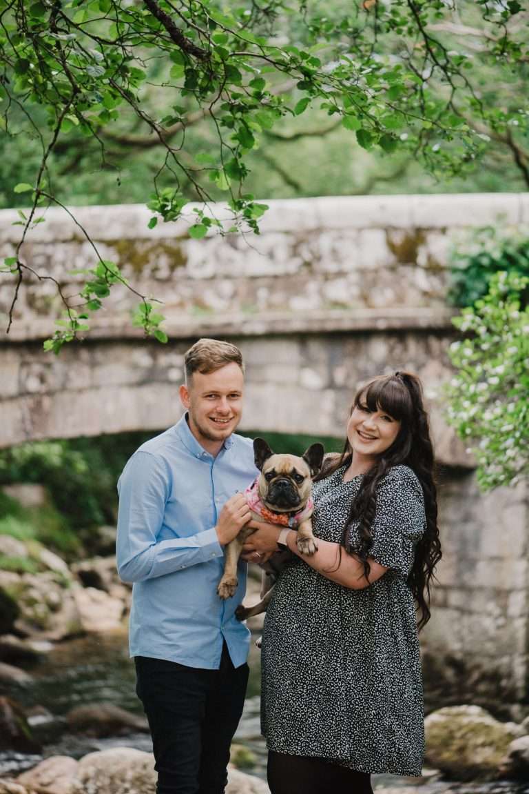 Engagement Shoot | Engaged Couple Posing with Dog | Cornwall Wedding Photography