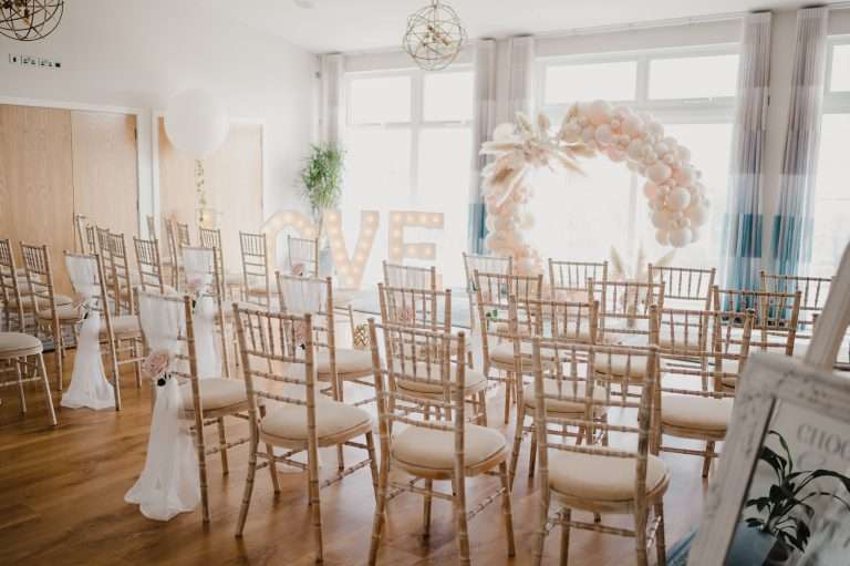 Above The Bay wedding setup by Emily Rose Events Hire