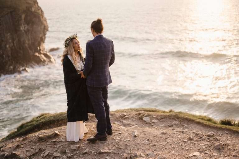 Best Places To Elope In Cornwall | Cornwall Wedding Photographer | Bride and Groom On Beach in Cornwall At Sunset
