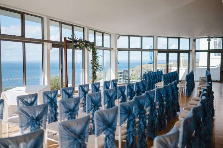 The beautiful blue setup at The Polurrian On The Lizard. A stunning coastal venue in Cornwall with a beautiful sea view