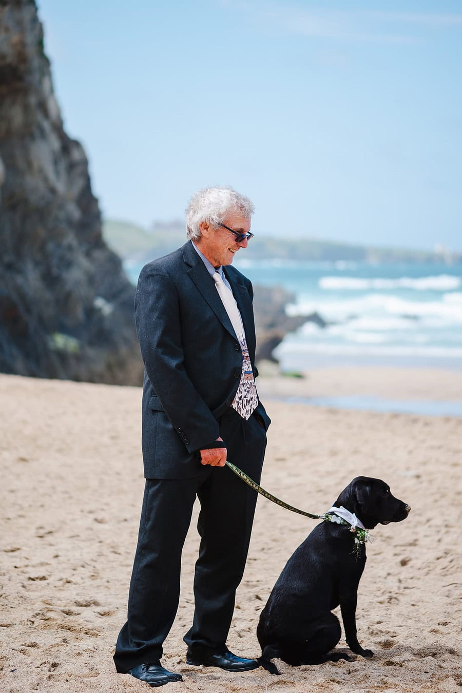 Wedding dog taking watch over the Lusty Glaze Beach wedding