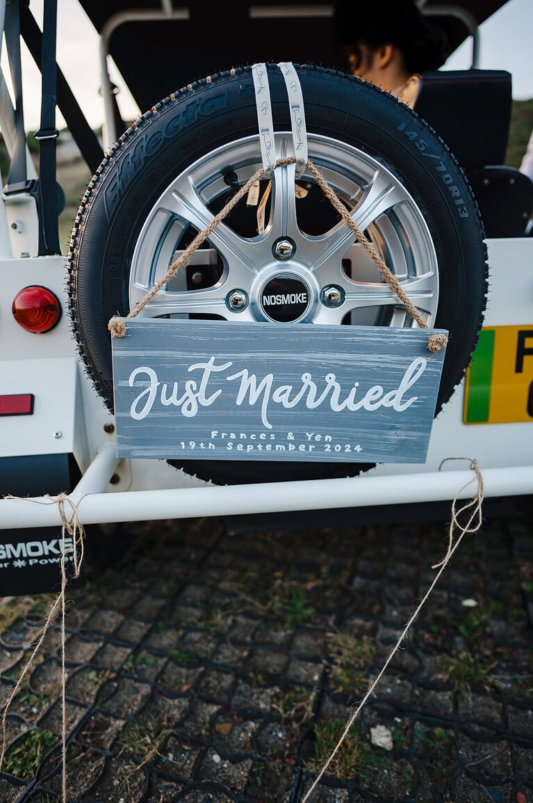 Just married sign on back of the car