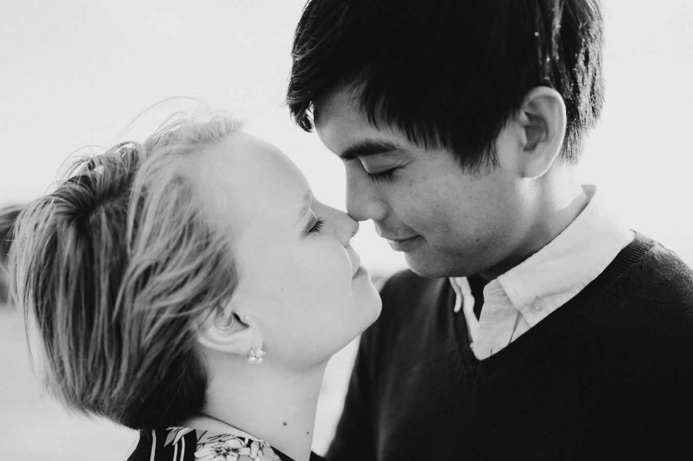 Personal black and white photo, getting up close before they kiss