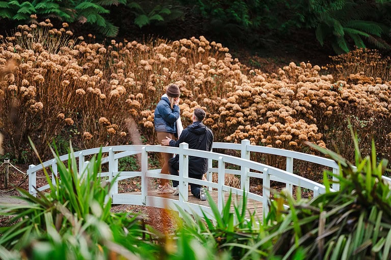He gets down on one knee on the white bridge at Trebah Gardens to propose to his girlfriend by Cornwall engagement photographer, Jake Timms Photography