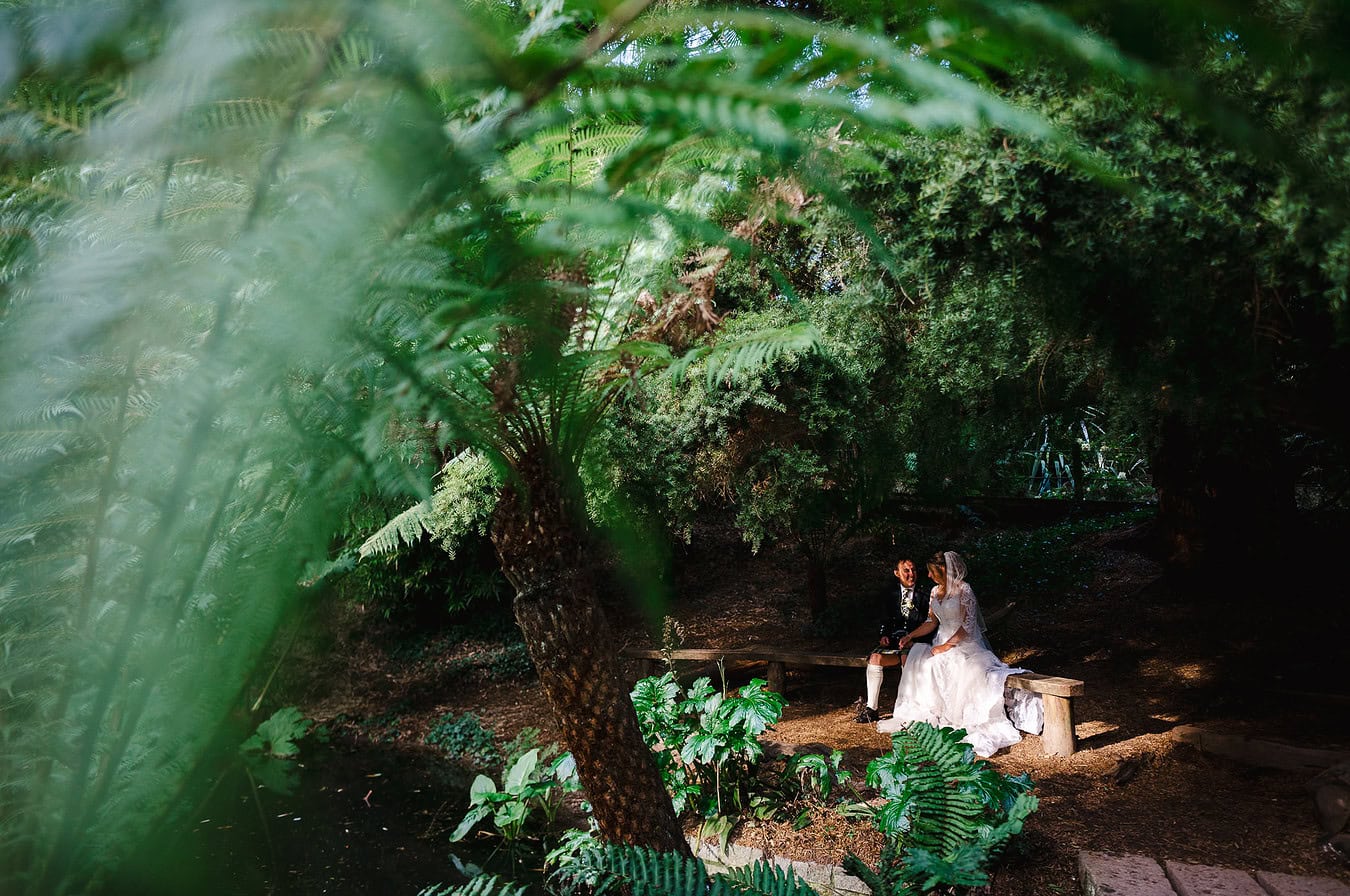 Sitting on a benach as the golden light shines upon the newlyweds at Heligan Gardens, Cornwall - Wedding Portfolio