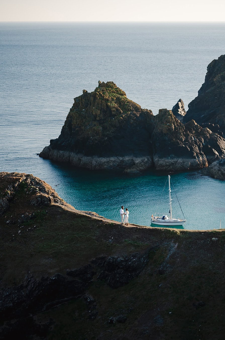 Stunning turquoise seas surround the happy couple celebrating their proposal in Cornwall