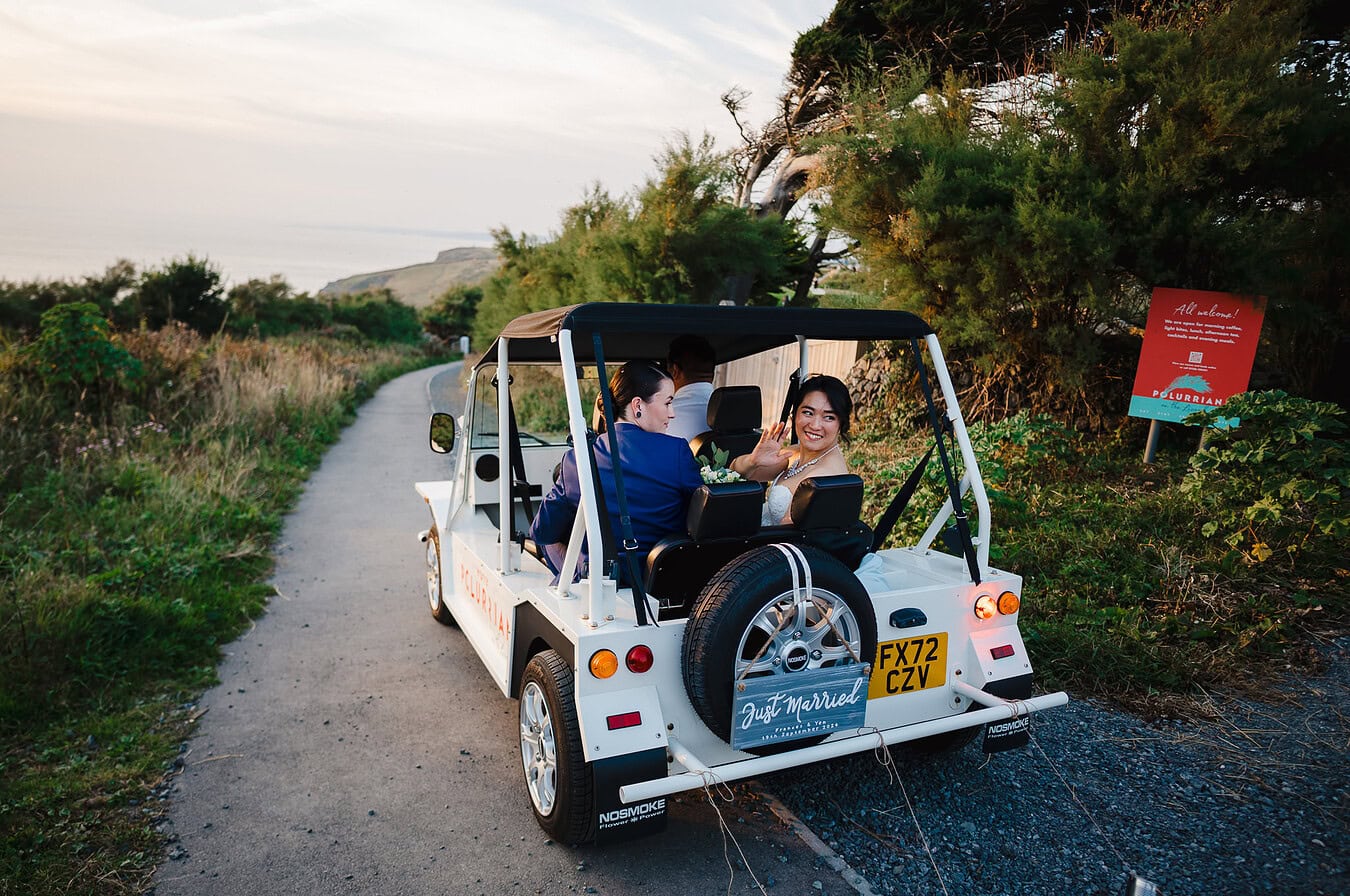 Going off in the wedding cart at Polurrian