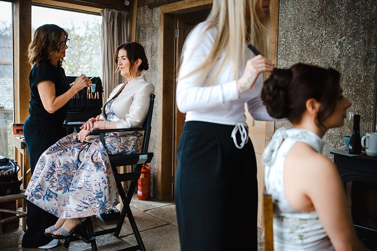 Wedding makeup and hair in the bridal suite at Nancarrow farm